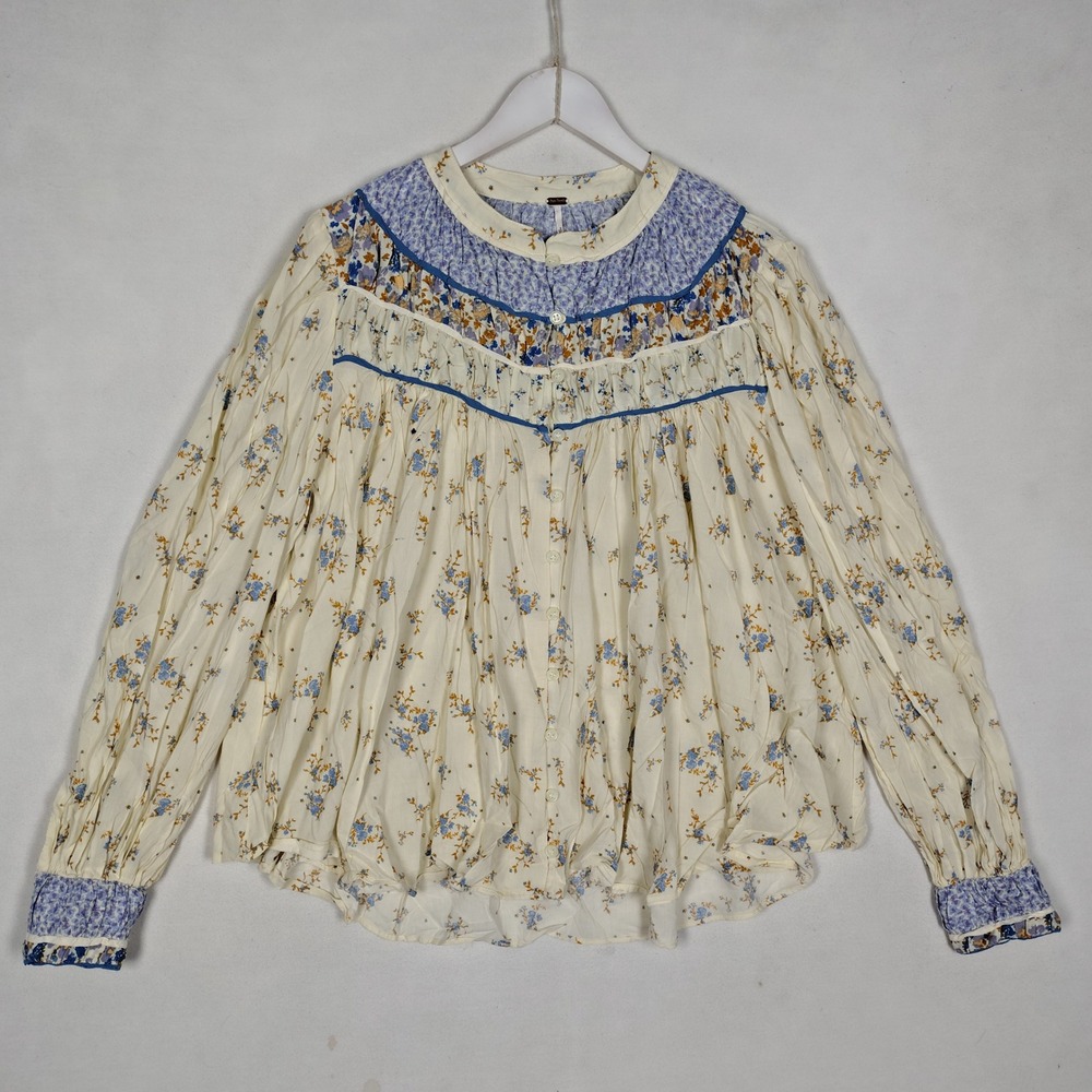 Free People Floral Button Down Top XL Cream Blue Boho Pleated Long Sleeve